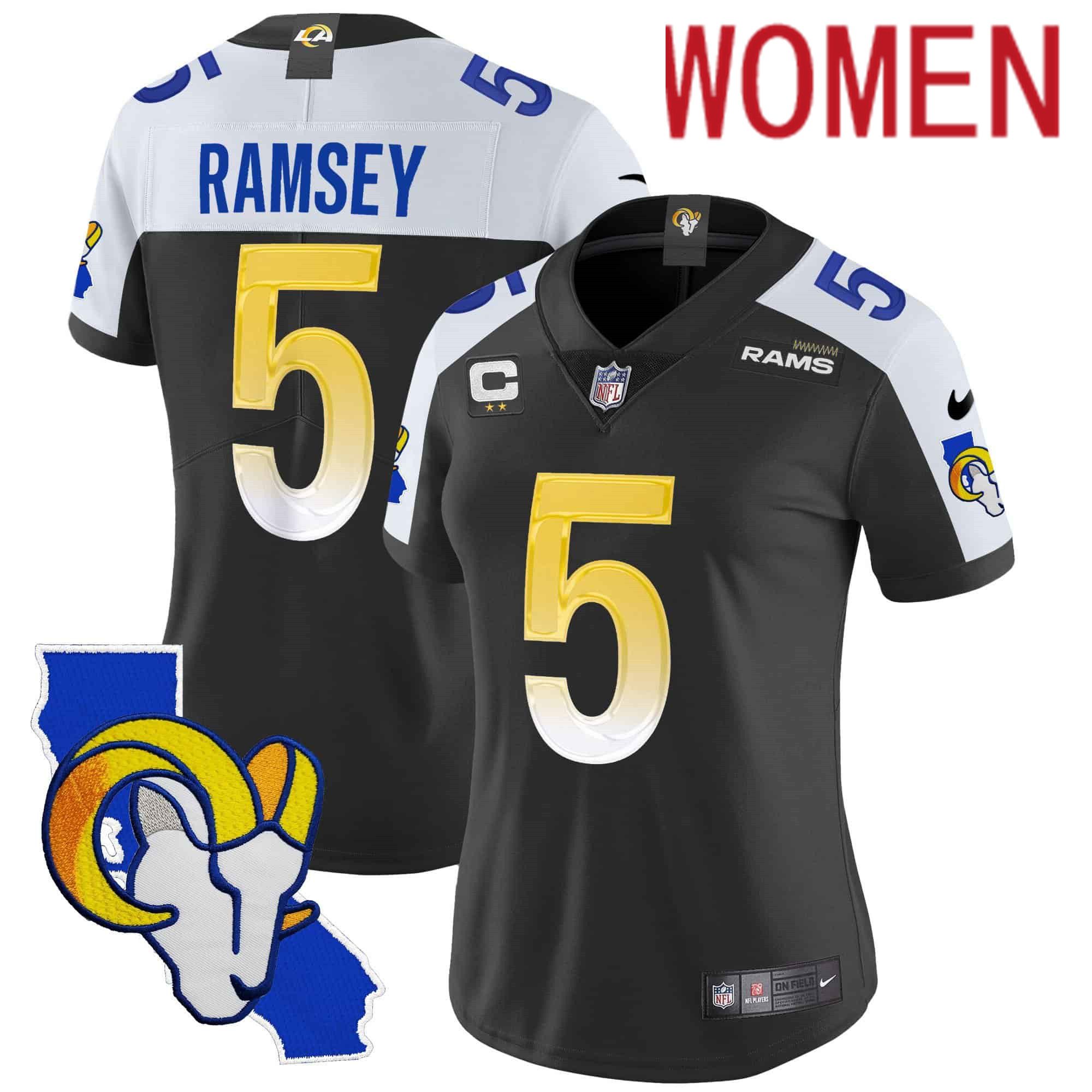 Women Los Angeles Rams #5 Ramsey Black 2024 Nike California Patch Vapor Limited NFL Jersey->women nfl jersey->Women Jersey